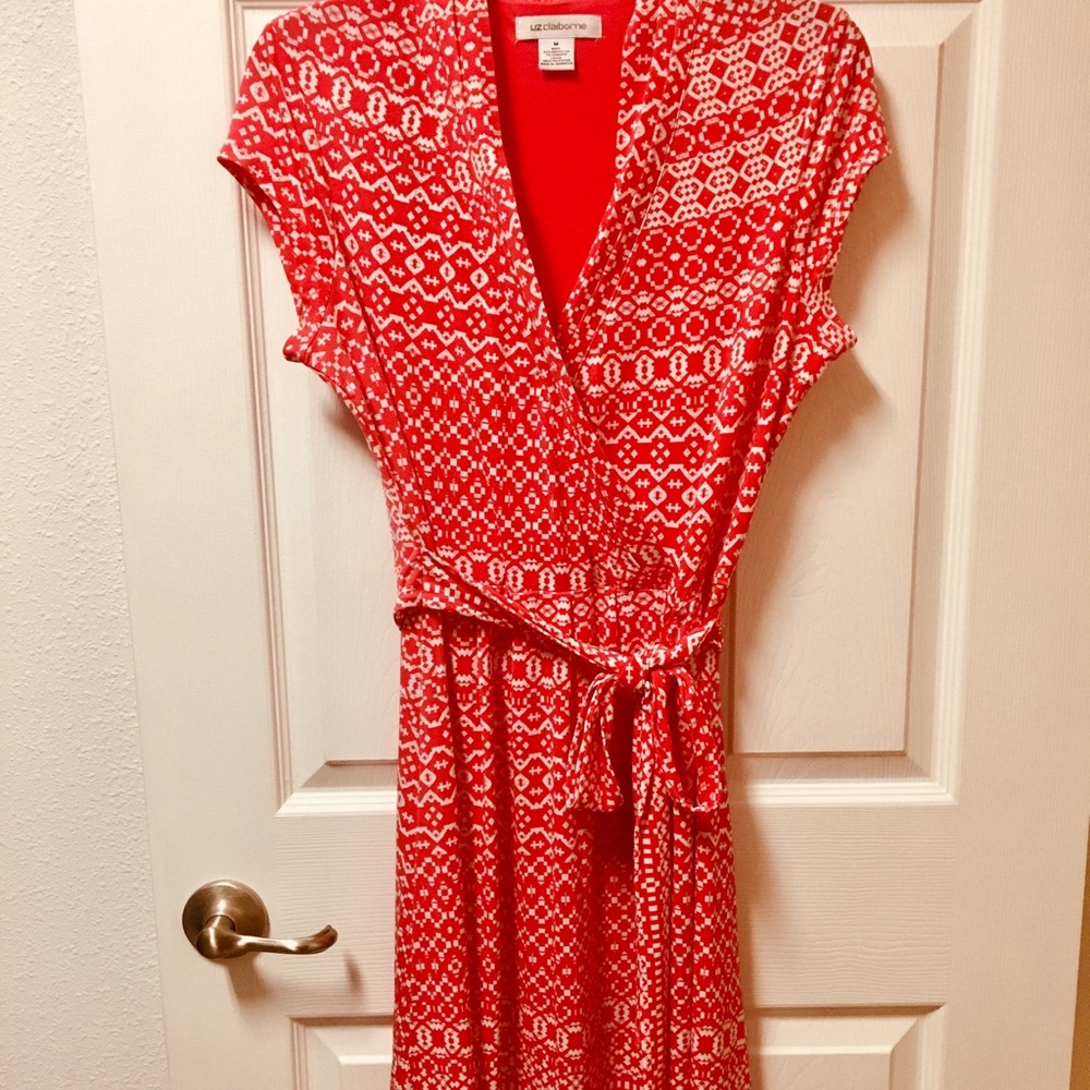 Liz Claiborne mock wrap dress, coral/white, size M